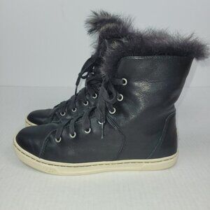 UGG CROFT Leather Boot Bootie Lace Up Fur Lined Black Size  6